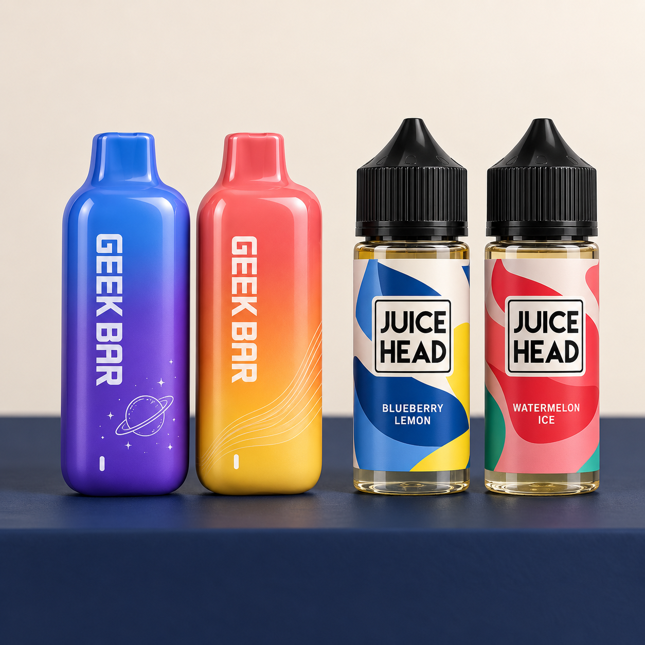 Illustration of Geek Bar disposable vapes and Juice Head vape juice bottles