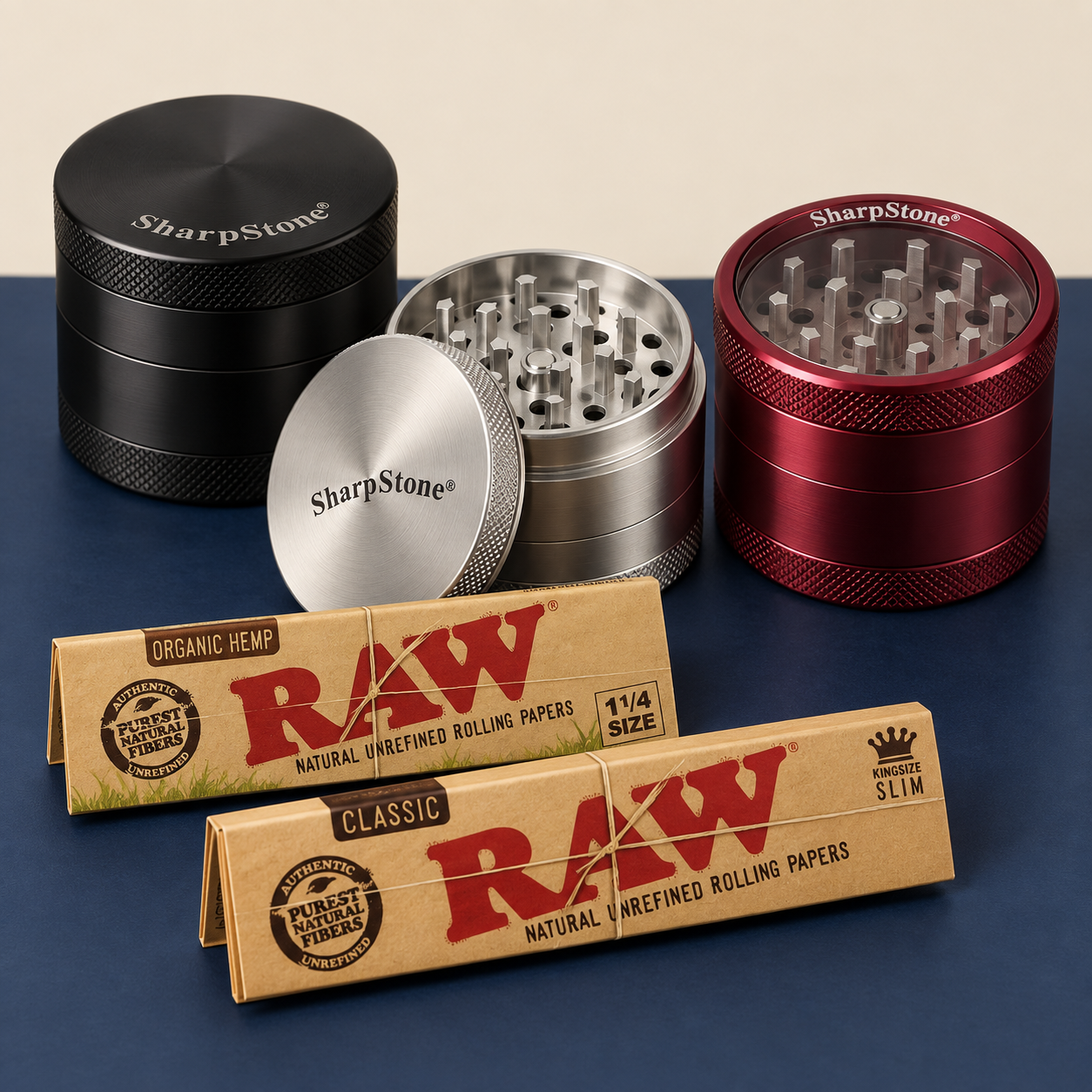 Illustration of SharpStone grinders and RAW rolling papers